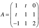 要使得二次型为正定的，则t的取值条件是( )。