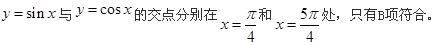 在区间(0，2π)上，曲线y=sinx与y=cosx之间所围图形的面积是(  )。