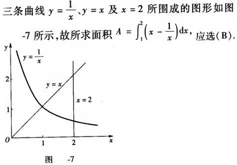 设曲线y=1/x与直线y=x及x=2所围图形的面积为A，则计算A的积分表达式为(  ).