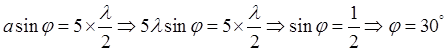 在单缝夫琅禾费衍射实验中，波长为λ的单色光垂直入射在宽度a＝5λ的单缝上，对应于衍射角的方向上若单缝处波面恰好可分成5个半波带，则衍射角＝（　　）。