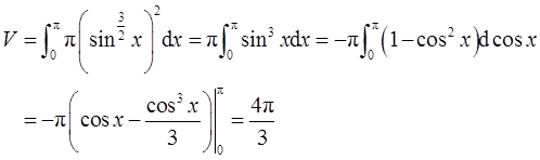 曲线y＝sin^3/2x（0≤x≤π）与x轴围成的图形绕x轴旋转所成的旋转体的体积为（　　）。