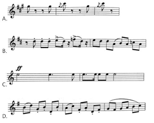 小步舞曲是起源于西欧民间的三拍子舞曲，下列谱例哪一个是小步舞曲 （ ）。
