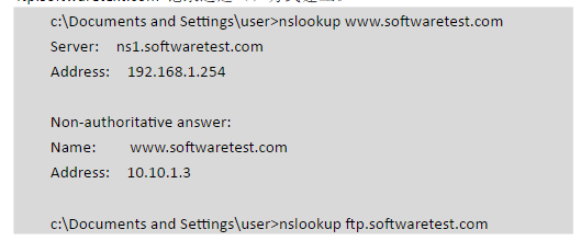 在Windows客户端运行nslookup命令，结果如下图显示，www.softwaretest.com提供解析的是（ ），在DNS服务器中，ftp.softwaretext.com记录通过（本题）方