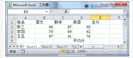 在Excel中，通过公式的应用，可以进行数据的计算。下图中 ，为了快速的计算全班同学的总分，应当在（6）单元格中，输入带求和函数的公式（7） ，然后通过从上向下拖动填充句柄进行填充即可。