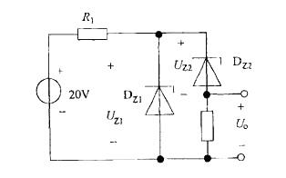 稳压管电路如图所示，稳压管DZ1的稳定电压UZ1=12V，DZ2的稳定电压UZ2=6V，则电压U0等于：