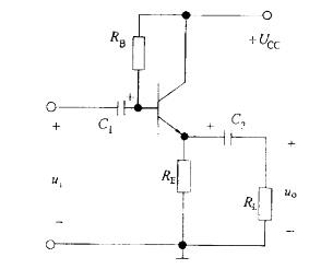 共集电极放大电路如图所示，三极管的输入电阻和电流放大倍数为已知数，该放大器的电压放大倍数表达式为：