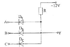 图为三个二极管和电阻R组成一个基本逻辑门电路，输入二极管的高电平和低电平分别是3V和0V，电路的逻辑关系式是： A. Y=ABC