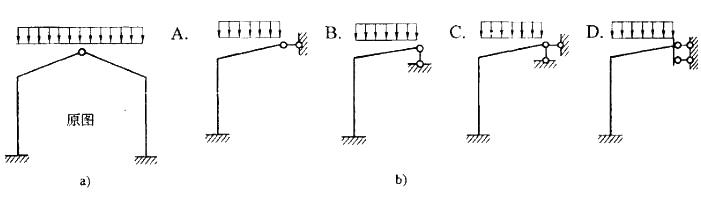 图a)为对称结构，其正确的半结构计算简图为图b)四个图中的哪一个？