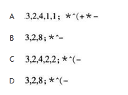 表达式3*2^(4+2*2-6*3)-5求值过程中当扫描到6时，对象栈和算符栈为()，其中^为乘幂。