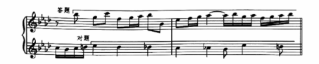 下面谱例中的主题单独呈示，之后另一个声部在属调上模仿该主题。具有这种特点的作品体裁是（  ）。