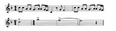 下列谱例中的旋律发展手法是（  ）。