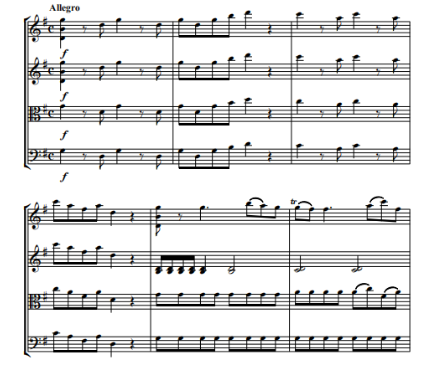 下面谱例是一首弦乐四重奏的片段，其中G谱号谱表由哪个乐器演奏？（  ）