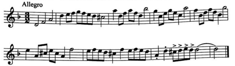 下面谱例出自一部为介绍各乐器音色特征而写的管弦乐作品，其作曲家是（  ）。