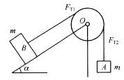 图示质量为m，半径为r的定滑轮O上绕有细绳，依靠摩擦使绳在轮上不打滑，并带动滑轮转动。绳之两端均系质量m的物块A与B。块B放置的光滑斜面倾斜角为α，0T1和FT2的大小有关系：