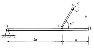 图示结构在水平杆AB的B端作用一铅直向下的力P，各杆自重不计，铰支座A的反力FA的作用线应该是：A. FA沿铅直线