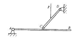 图示结构在斜杆CD的中点作用一铅垂向下的力P，杆AB水平，各杆的自重不计，铰支座A的反力FA的作用线应该是：   